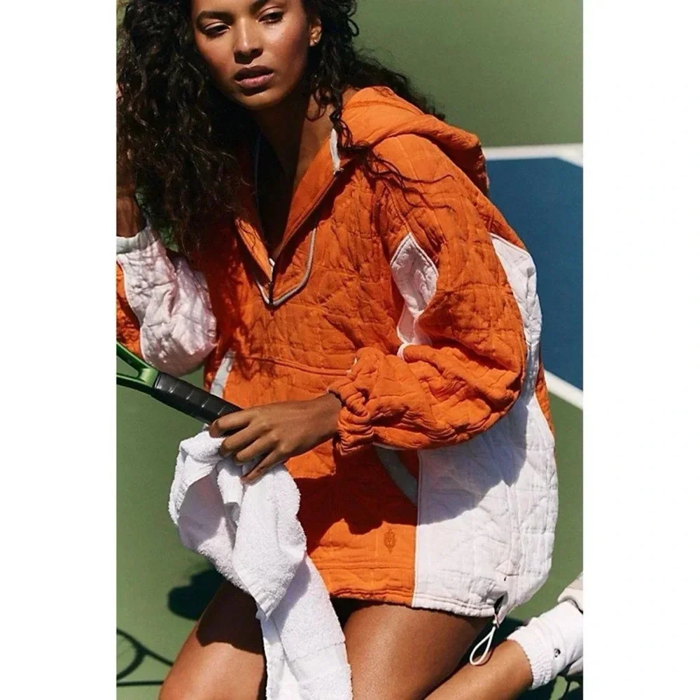 NWT Free People Quilted Quarter Zip Pullover Jacket Orange White XS